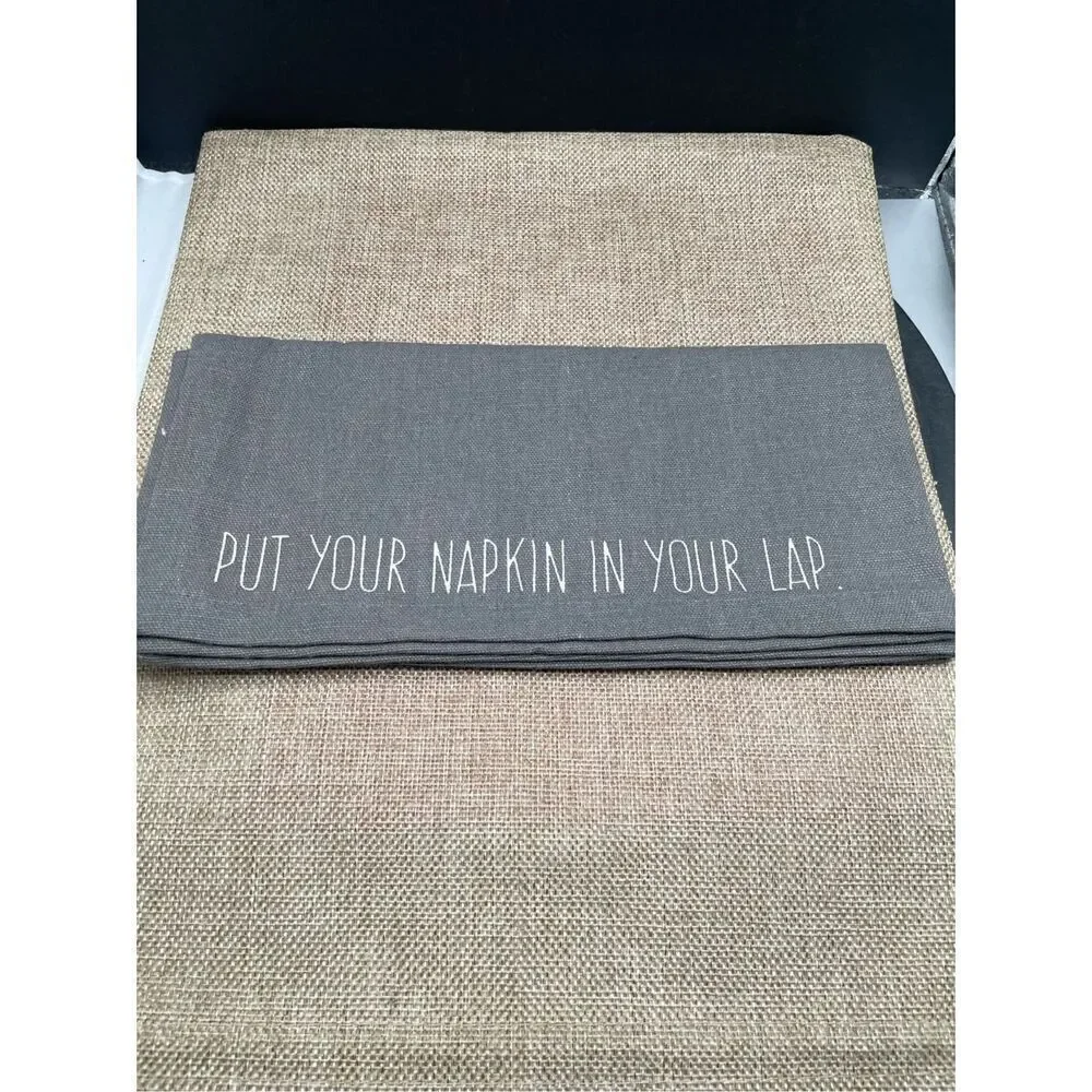 World Market Dinner Napkin Set Gray with Manners Wording 100% Cotton